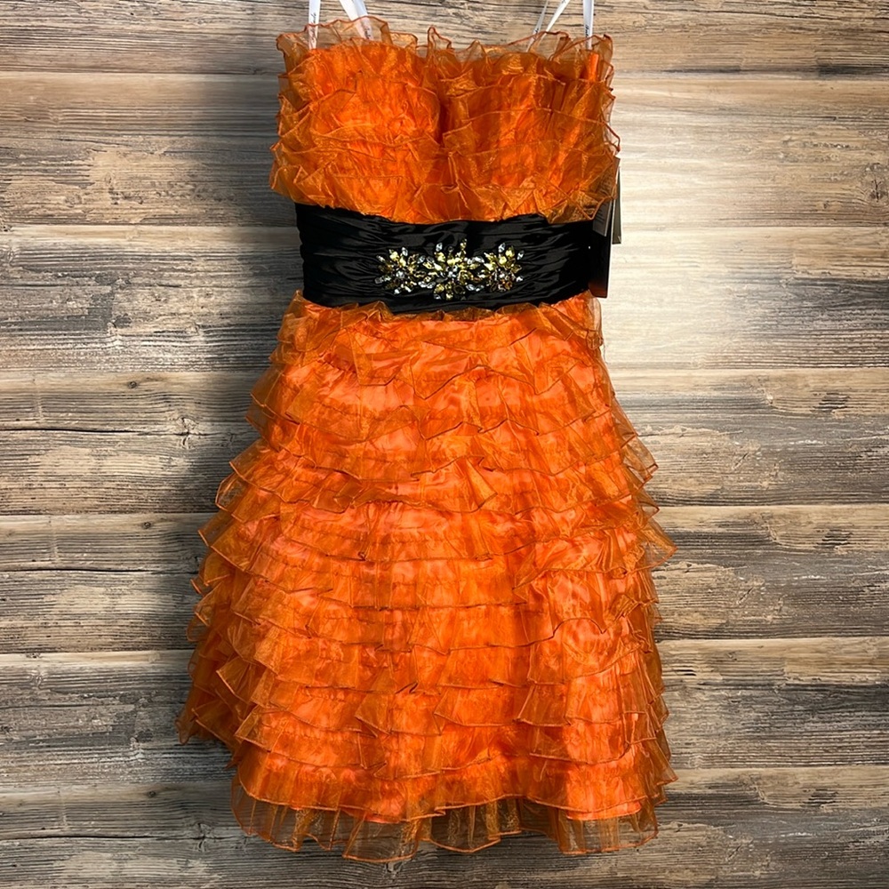 Interlude Orange & Black Strapless Tulle Dress NWT